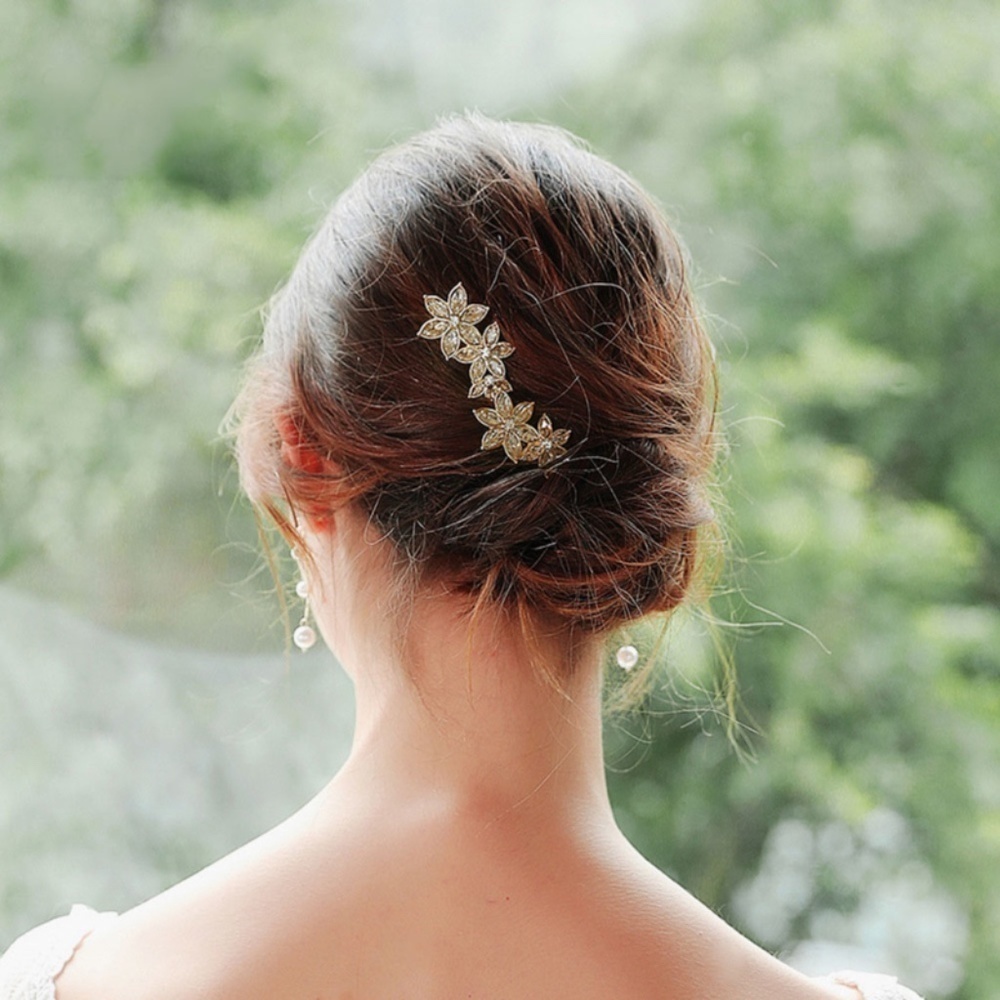 *PRISCILLA* 2-Pc Gold Rhinestone Flower Hair Clips